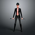 Character In Black Uniform Hat Holding Whip Bare Chest Black Pants Boots Gray Background