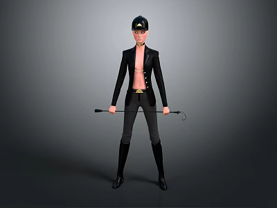 Character In Black Uniform Hat Holding Whip Bare Chest Black Pants Boots Gray Background 3d model
