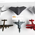 Various Model Airplanes With Different Designs And Colors On White Background 3d model