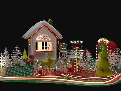 Christmas Photo Check-in Spot With Snowy Roof House Reindeer Christmas Trees And Gifts 3d model