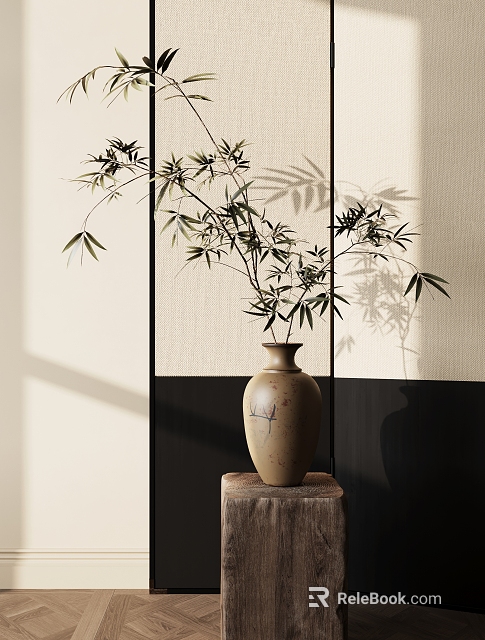 Minimalist Ceramic Vase With Bamboo Stems On Wooden Stand And Shadow On Wall 3d model 