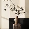 Minimalist Ceramic Vase With Bamboo Stems On Wooden Stand And Shadow On Wall