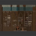 Antique Decorative Wooden Corner Bookshelf Architecture With Arched Details Stacked Books And Small Chair