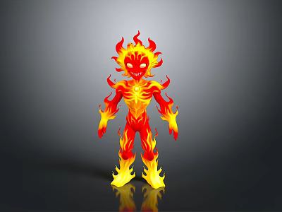Burning Flame Skeleton Creature With Red Yellow Glow And Dark Background Reflection 3d model