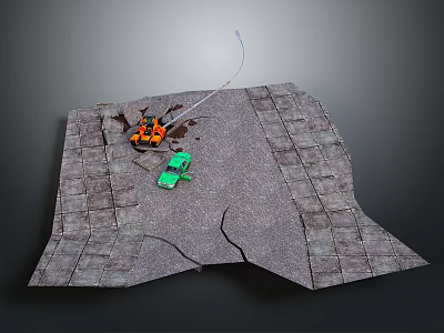 Overturned Orange Car and Green Car on Broken Stone Pavement with Cracks and Spilled Oil 3d model