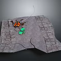 Overturned Orange Car and Green Car on Broken Stone Pavement with Cracks and Spilled Oil