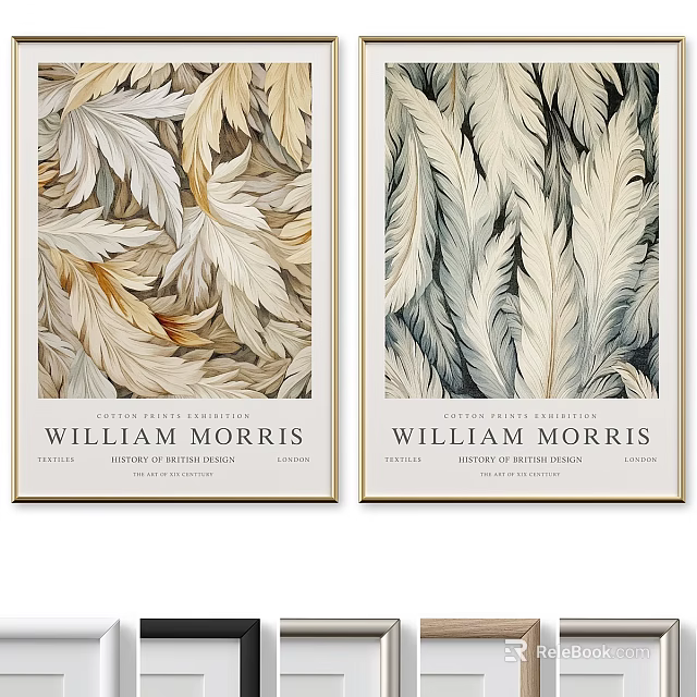 William Morris Abstract Painting Featuring Feathers In Gold Frame Vintage Decorative Tones 3d model 