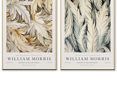 William Morris Abstract Painting Featuring Feathers In Gold Frame Vintage Decorative Tones 3d model