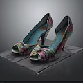 Colorful Floral Pattern High Heels with Peep Toe Design and Bow Detail on Fabric Mat