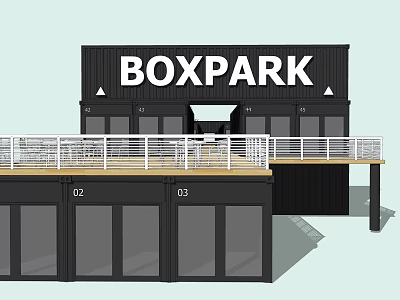 BOX PARK Modern Container Structure With Balcony White Railings And Numbered Doors 3d model