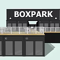 BOX PARK Modern Container Structure With Balcony White Railings And Numbered Doors