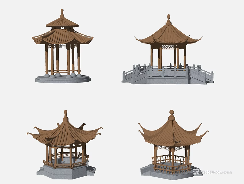 Classic Traditional Chinese Pavilion with Various Rooftop Styles and Stone Bases 3d model 
