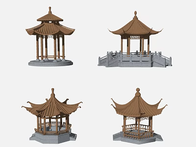 Classic Traditional Chinese Pavilion with Various Rooftop Styles and Stone Bases 3d model