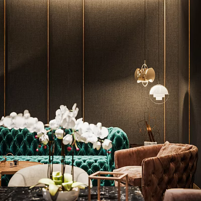 Luxurious Modern Private Box Interior With Green Velvet Sofa Hanging Lamps And White Orchids 3d model