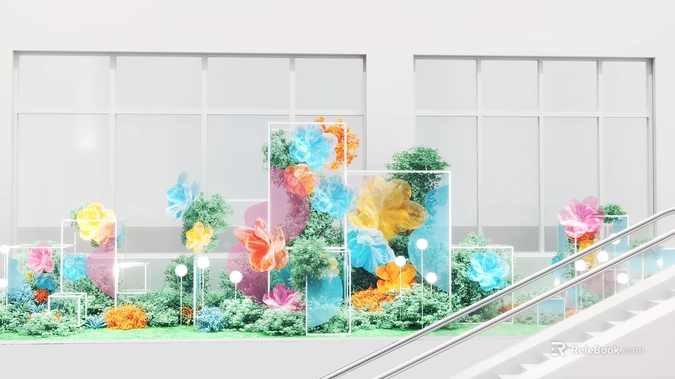 Floral Installation With Colorful Flowers Green Plants And Transparent Frames Near Staircase 3d model 