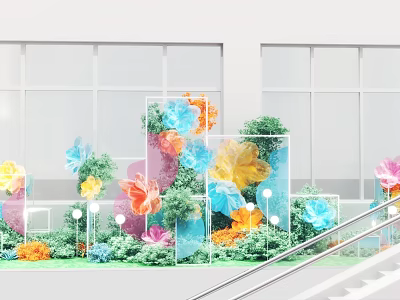 Floral Installation With Colorful Flowers Green Plants And Transparent Frames Near Staircase 3d model