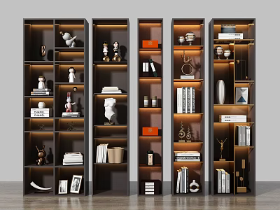 Modern Dark Colored Shelving Units With Built In Lighting Decorative Items And Books 3d model