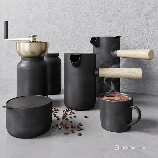 Black Modern Kitchen Appliances Set With Coffee Grinder Wooden Handle And Coffee Beans 3d model 