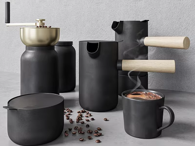 Black Modern Kitchen Appliances Set With Coffee Grinder Wooden Handle And Coffee Beans 3d model