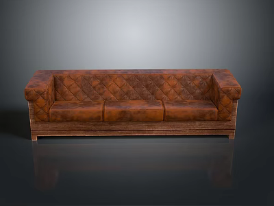 Brown Leather Sofa With Diamond Tufted Design And Classic Style 3D Rendering 3d model
