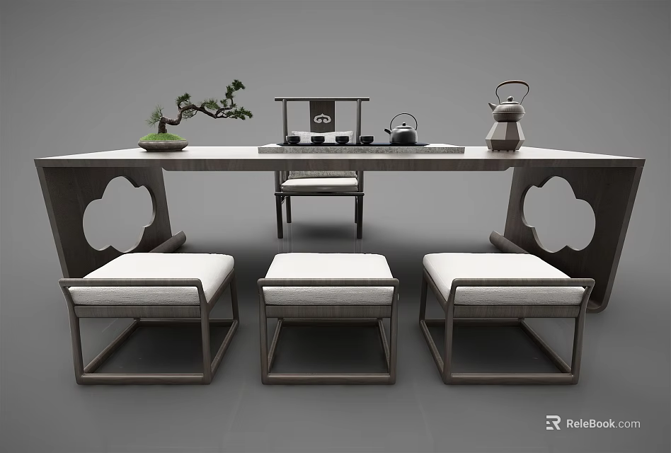 Elegant Modern Tea Table With Comfortable Chairs Teapot And Small Potted Plant 3d model