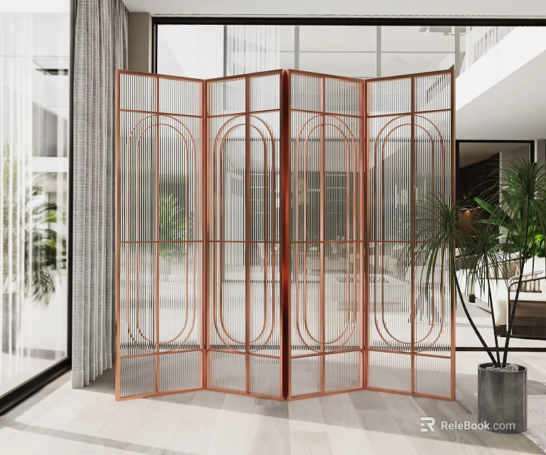 Modern Copper Frame Room Divider With Transparent Glass Panels And Arched Design For Interior Decor 3d model 