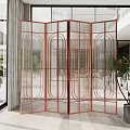 Modern Copper Frame Room Divider With Transparent Glass Panels And Arched Design For Interior Decor