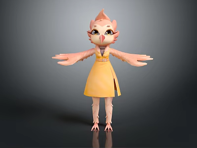 Anthropomorphic Bird Game Movie Character With Pink Feathered Hair Yellow Dress Outstretched Arms 3d model