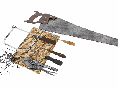 Essential Hardware Tools Set Including Hand Saw Pliers Nails And Wrench For DIY Projects 3d model
