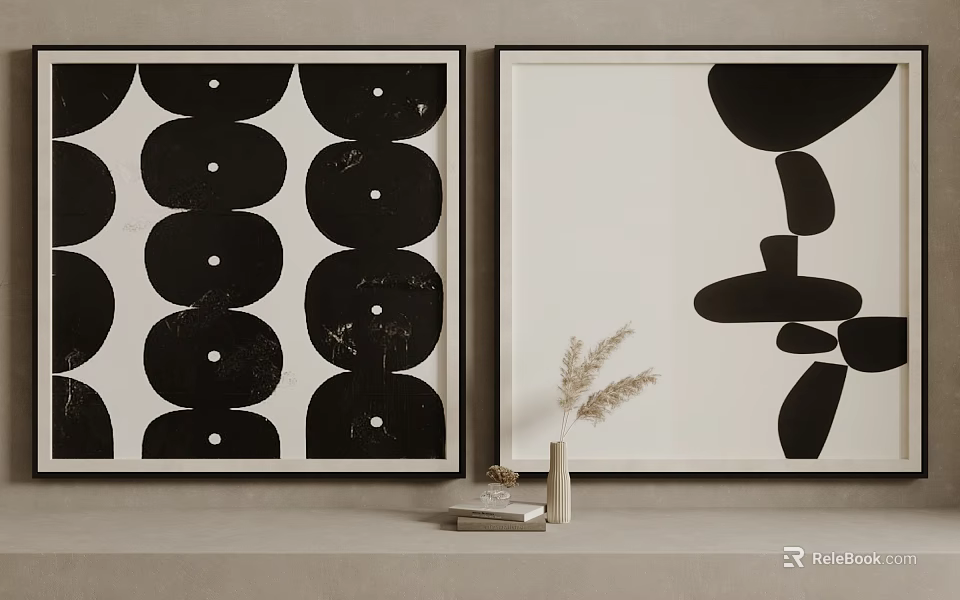 Abstract Art Paintings With Black Circular Patterns And Irregular Shapes On White Background 3d model