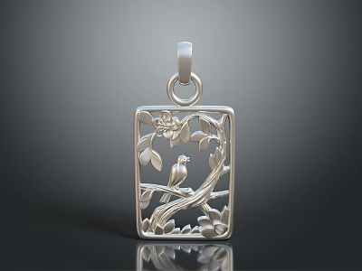 Silver Square Pendant With Openwork Tree Branch Leaves Bird And Flower Design 3d model