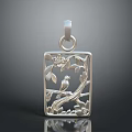 Silver Square Pendant With Openwork Tree Branch Leaves Bird And Flower Design