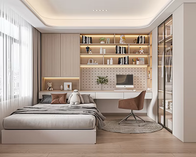 Modern Tatami Bedroom With Bed Built in Bookshelf Desk Computer Brown Chair and Window Curtains 3d model