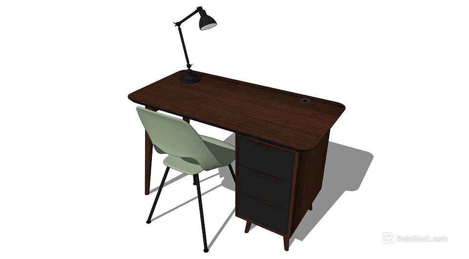 Dark Wooden Office Desk With Black Desk Lamp Light Green Chair And Drawer Cabinet 3d model 
