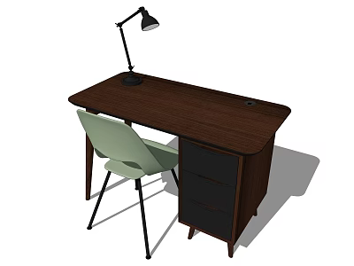 Dark Wooden Office Desk With Black Desk Lamp Light Green Chair And Drawer Cabinet 3d model