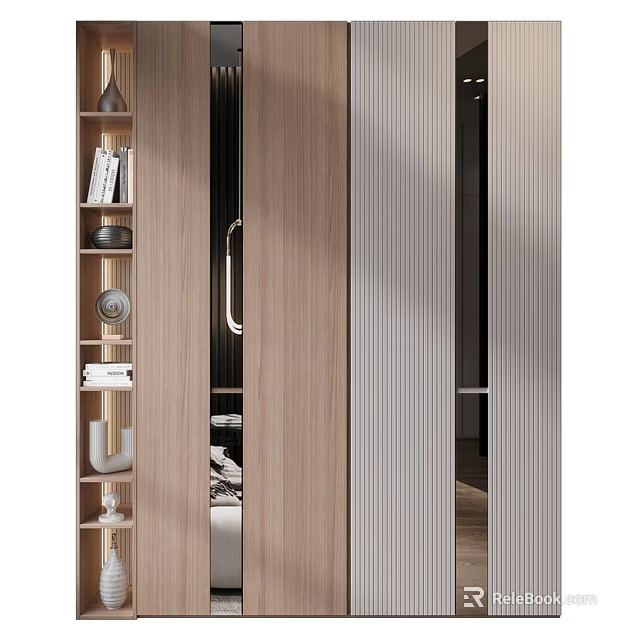 Modern Light Luxury Wooden Cabinet with Metal Handle Open Shelves Books and Decorations 3d model 