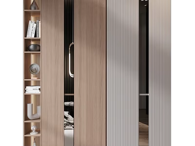 Modern Light Luxury Wooden Cabinet with Metal Handle Open Shelves Books and Decorations 3d model