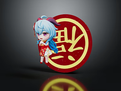 Cute Blue Haired Girl Character In Red Dress With Horns And Red Circular Golden Symbol 3d model