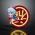 Cute Blue Haired Girl Character In Red Dress With Horns And Red Circular Golden Symbol