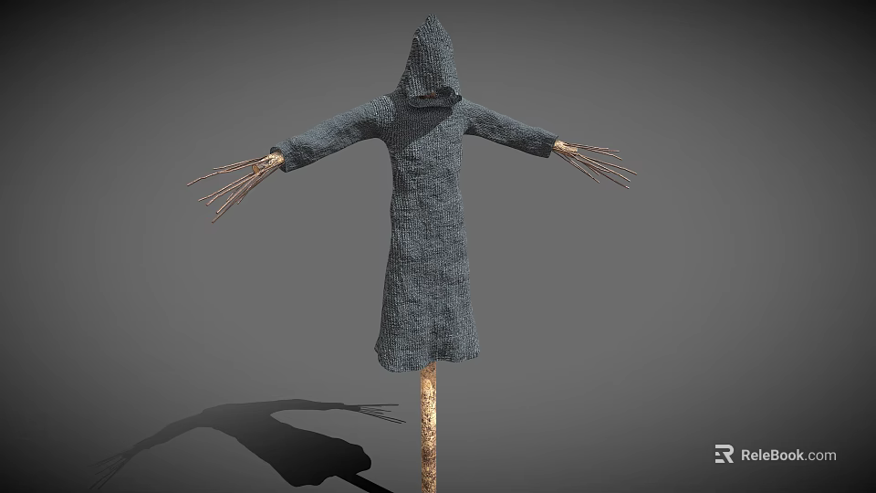 Agricultural Scarecrow Equipment With Straw Arms And Cloth Attire On Wooden Pole For Bird Deterrent 3d model 