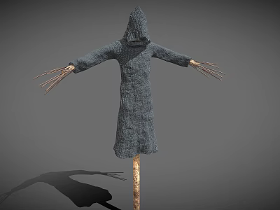 Agricultural Scarecrow Equipment With Straw Arms And Cloth Attire On Wooden Pole For Bird Deterrent 3d model