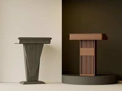 Modern Wooden Reception Desks with Slanted Sides and Vertical Slats on Circular Base 3d model