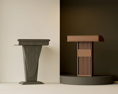Modern Wooden Reception Desks with Slanted Sides and Vertical Slats on Circular Base 3d model