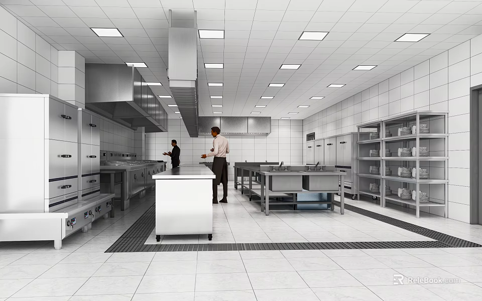 Commercial Restaurant Kitchen With Stainless Steel Workstations Cabinets Two Staff Working Under Bright Lights 3d model 