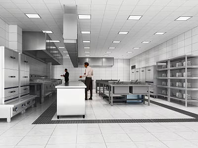 Commercial Restaurant Kitchen With Stainless Steel Workstations Cabinets Two Staff Working Under Bright Lights 3d model