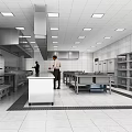 Commercial Restaurant Kitchen With Stainless Steel Workstations Cabinets Two Staff Working Under Bright Lights