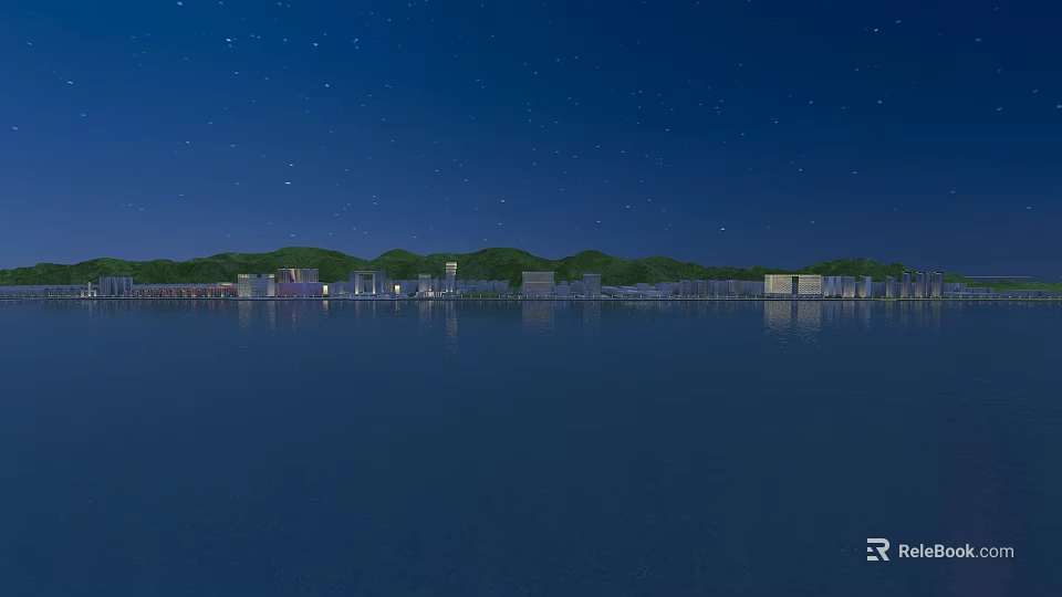 Birds Eye View Urban Planning Night Scene With Stars Green Mountains Buildings Calm Water Reflections 3d model 
