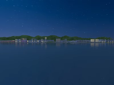 Birds Eye View Urban Planning Night Scene With Stars Green Mountains Buildings Calm Water Reflections 3d model