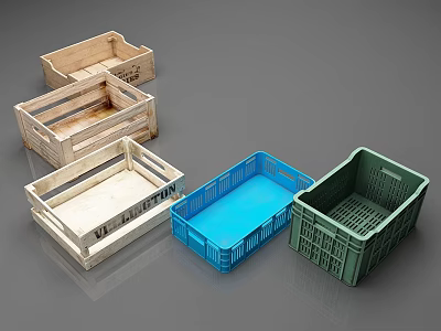 Wooden Crates And Plastic Baskets In Assorted Colors And Different Designs 3d model