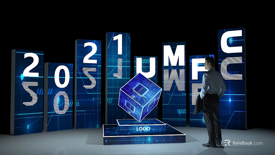 Business Person Standing Next To Blue Cube With Logo Near 2021 Consumer Digital 3d model 